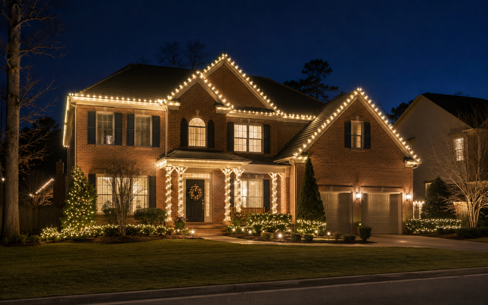 Professionally decorated Gwinnett County brick home at night